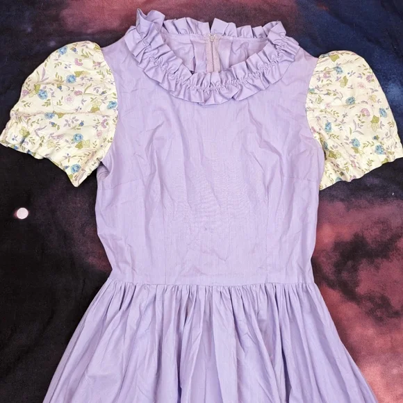 Vintage Handmade Purple Floral Ruffle Neck Short Sleeve Dress - Picture 3 of 7